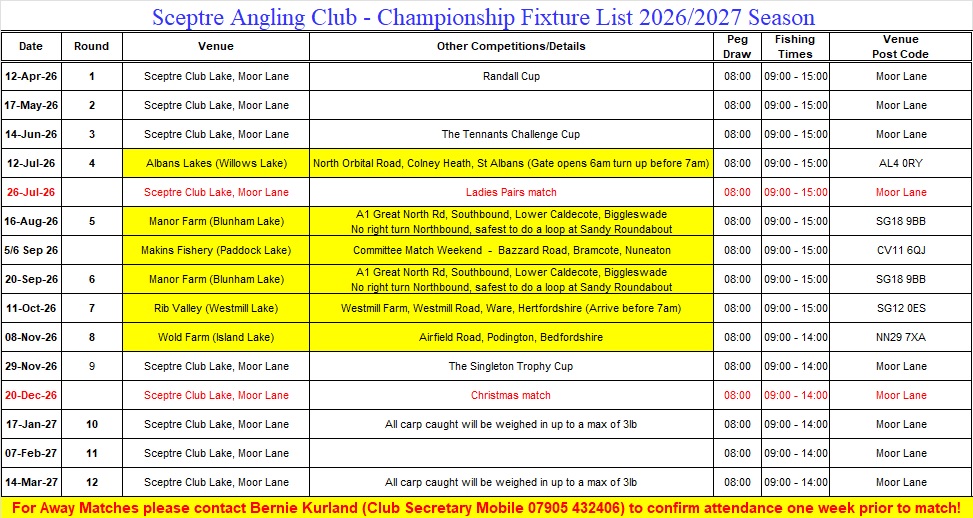 Sceptre Fixtures List 2026-27